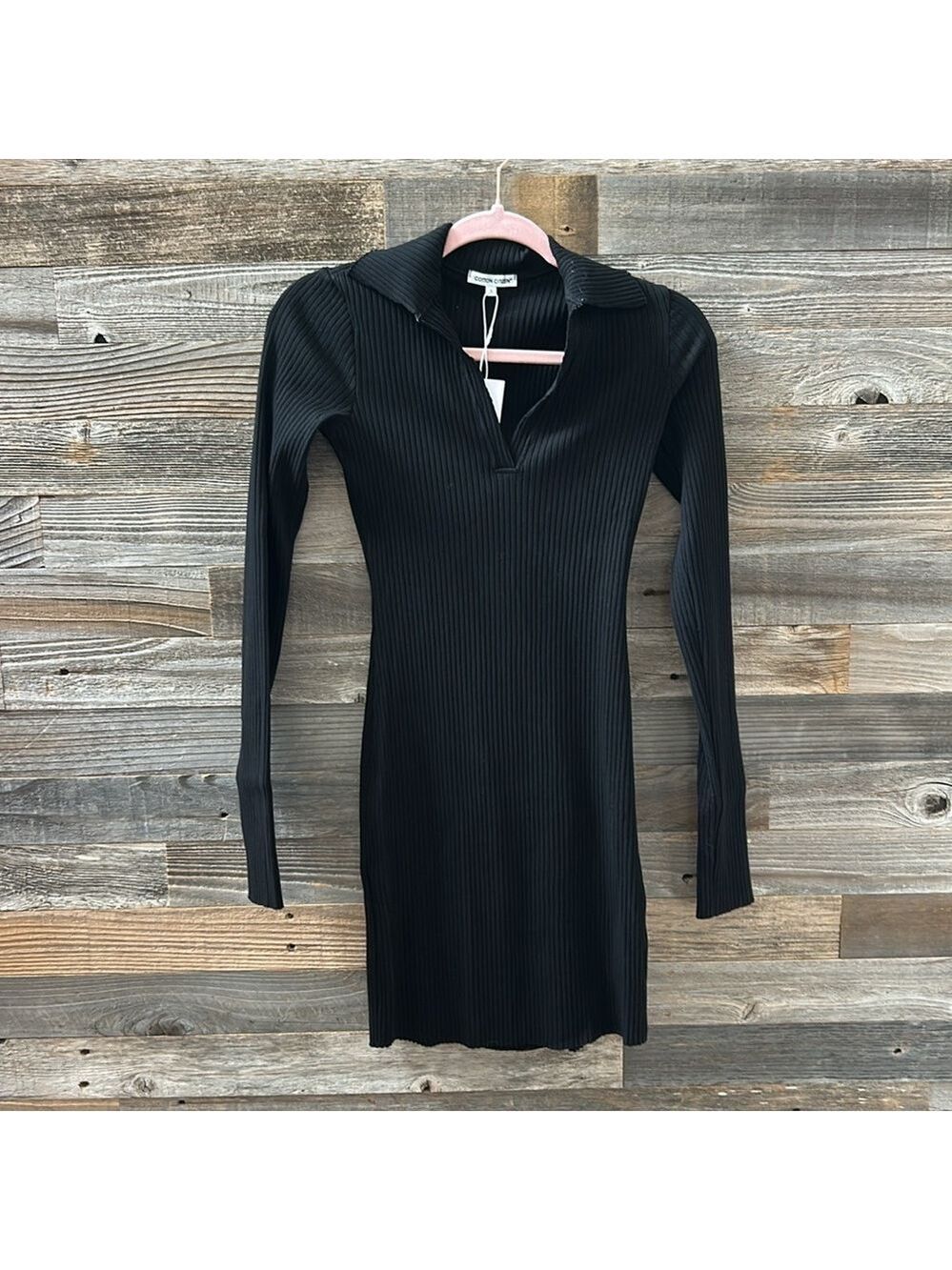 Cotton Citizen Ibiza Long Sleeve Polo Dress in Ribbed Black Size Small - Picture 2 of 10